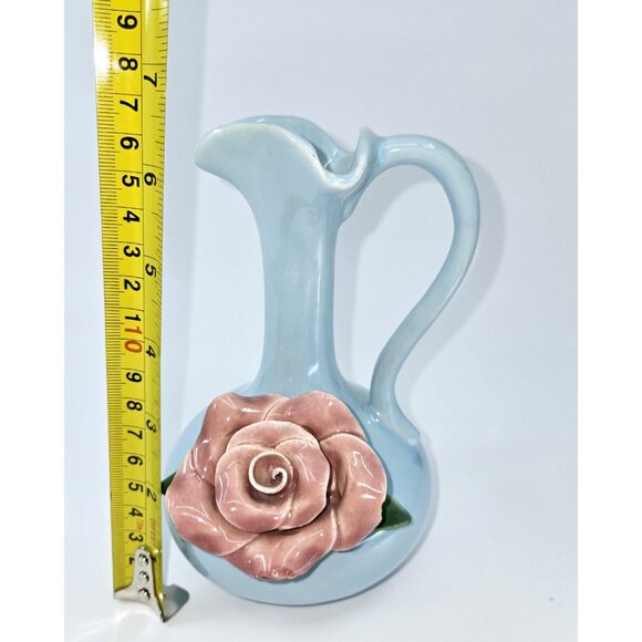 California Pottery Blue Pitcher W/Rose - Picture 8 of 8